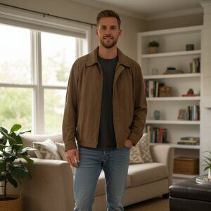 Vintage Claiborne Mens Camel Suede Finish Outwear Full Zip Bomber Jacket Size XL